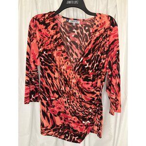 Jennifer Lopez Womens Animal Print V-Neck Wrap Top 3/4 Sleeve Size L
